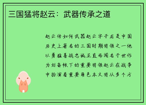 三国猛将赵云：武器传承之道