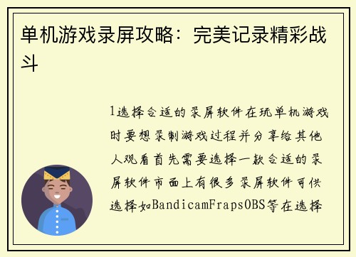单机游戏录屏攻略：完美记录精彩战斗